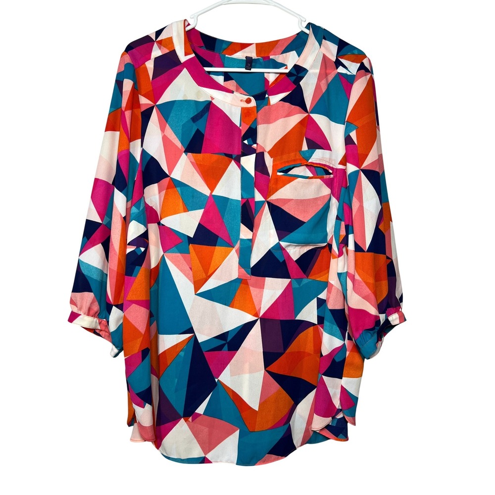 NYDJ Women 1Xβ Geometric Mosaic Print 3/4 Sleeve Blouse Orange Pink Teal